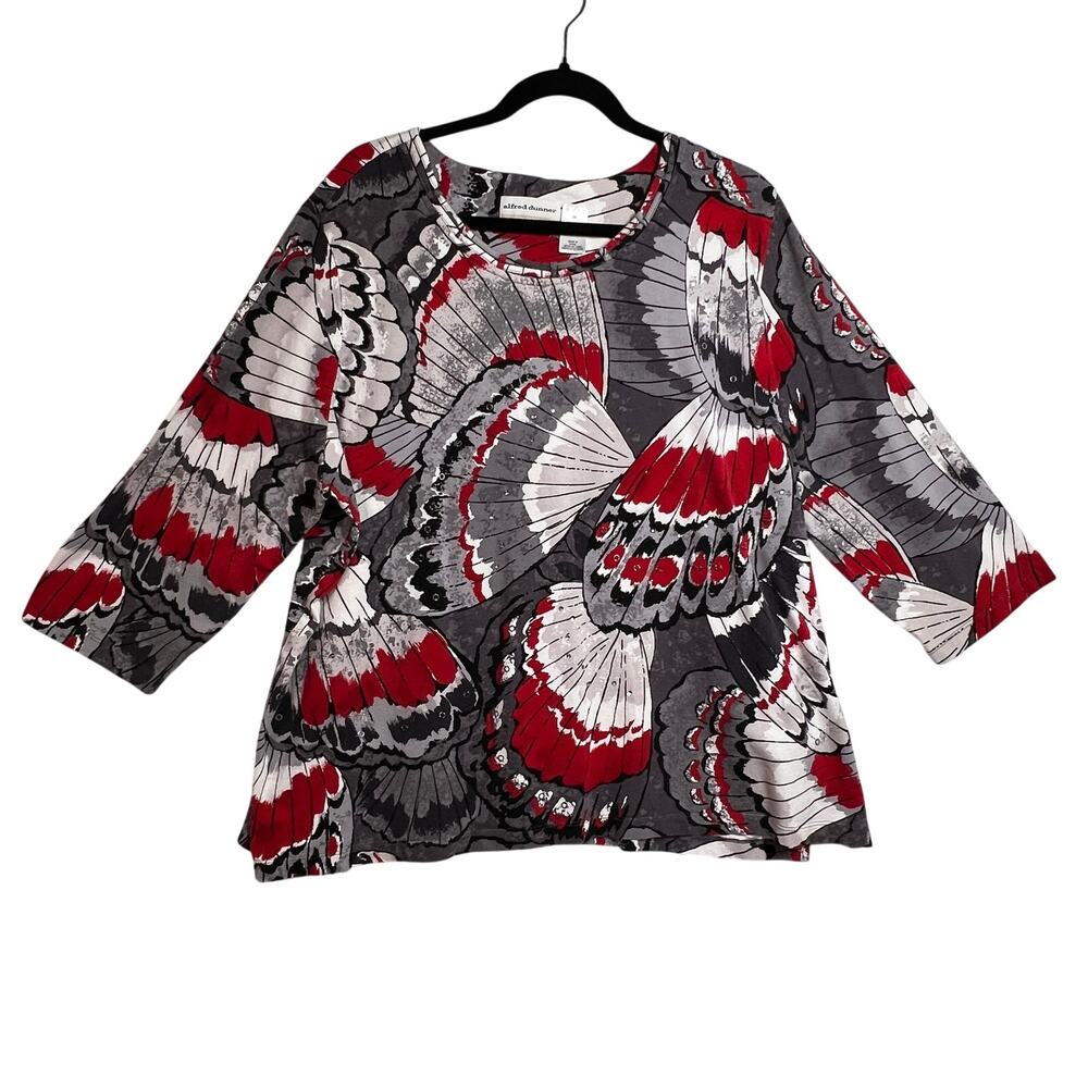 ALFRED DUNNER Tunic Top Women 3X Gray Red Butterfly Print Cotton Stretch Plus